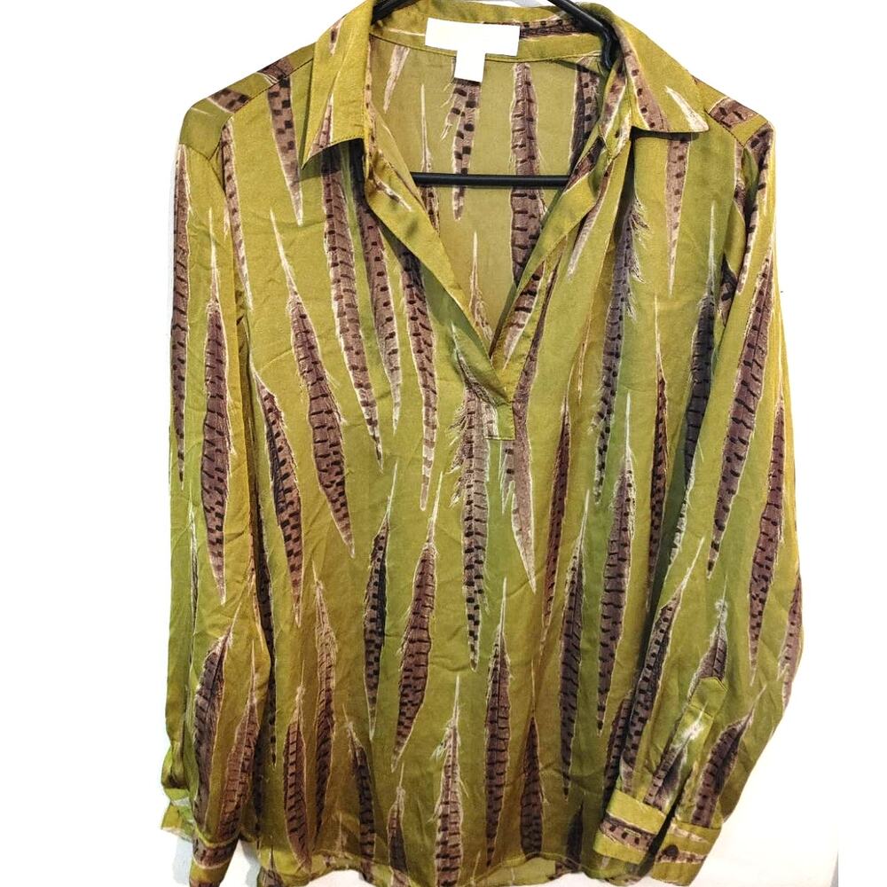 MICHAEL Michael Kors Blouse Tarragon Feather Long Sleeve Top Blouse XS